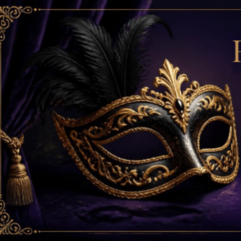 A black and gold ornate masquerade mask with black feathers rests on a purple velvet surface, with a draped purple curtain in the background.
