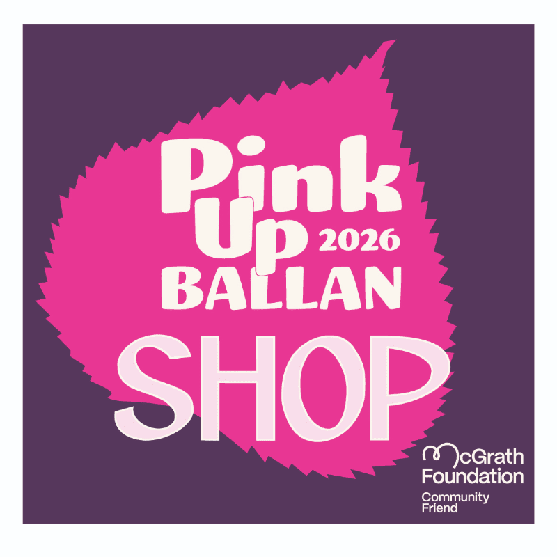 A bright pink leaf with white text reading "Pink Up 2026 BALLAN SHOP" is centered on a dark purple background, with the McGrath Foundation logo in the bottom right corner.