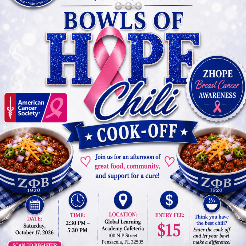 Two bowls of chili topped with cheese and onions are in the foreground, with a flyer advertising a "Bowls of Hope Chili Cook-Off" for breast cancer awareness in the background.