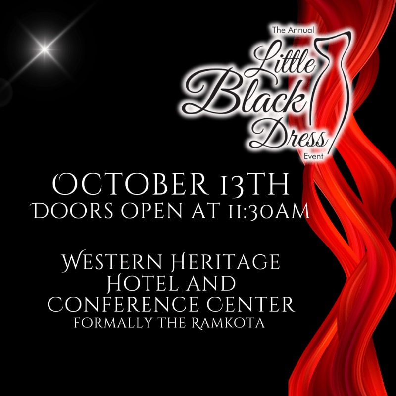 A black background with a stylized red dress and event details in the foreground.