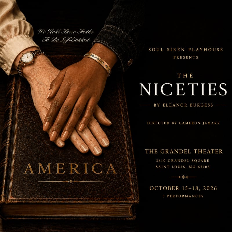 Two hands, one light-skinned and one dark-skinned, rest on a book with "AMERICA" embossed on its cover, set against a black background with play details.