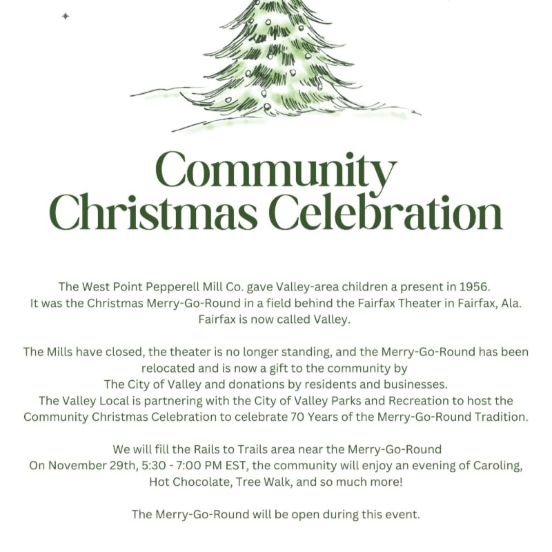 A hand-drawn Christmas tree sits above text announcing a "Community Christmas Celebration" in the background, with the foreground filled with details about the event.