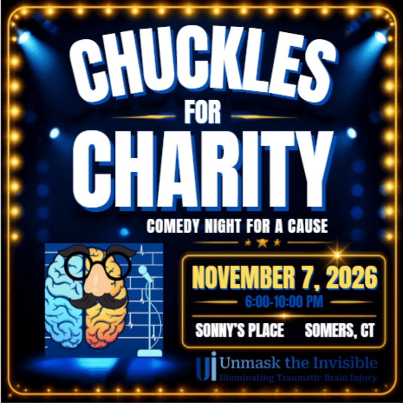 A comedy night poster for "Chuckles for Charity" features a cartoon brain with glasses and a mustache in the foreground, set against a dark blue background with spotlights and marquee lights.
