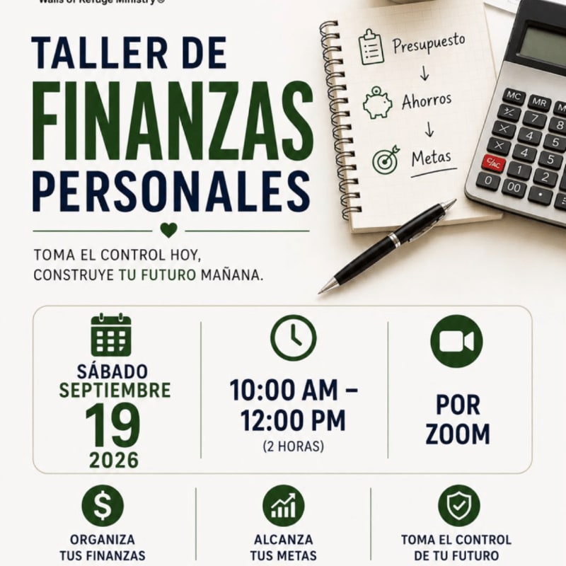A notebook with financial planning doodles and a calculator are in the foreground, while the background displays event details for a personal finance workshop.