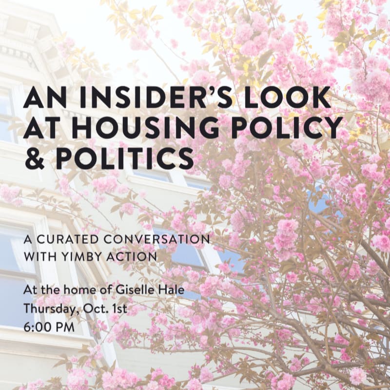 Pink blossoms frame text about an insider's look at housing policy and politics, with a building visible in the background.