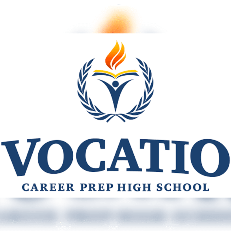 A logo for "VOCATIO CAREER PREP HIGH SCHOOL" with a stylized figure holding a torch above an open book, set against a white background with a subtle blurred effect at the bottom.
