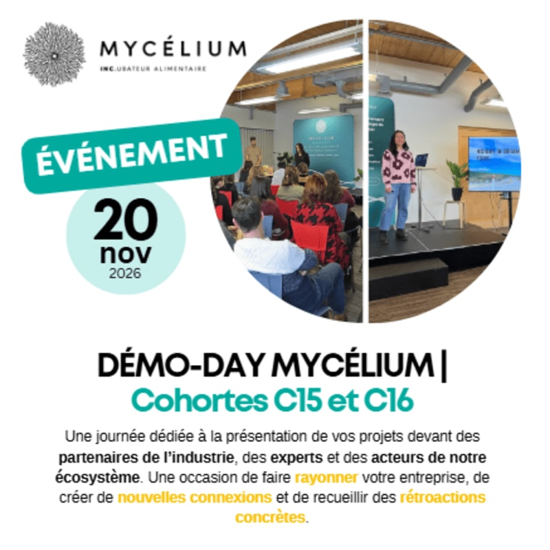 A promotional graphic for a "Demo-Day Mycélium" event on November 20, 2026, features a circular image split into two halves: the left shows an audience seated in a room, while the right shows a woman presenting on a stage, with the Mycélium logo and event details in the foreground.
