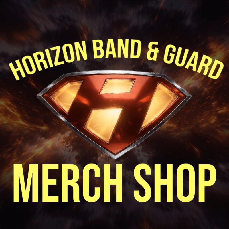 A stylized "H" logo for Horizon Band & Guard's merch shop is centered against a fiery, smoky background.