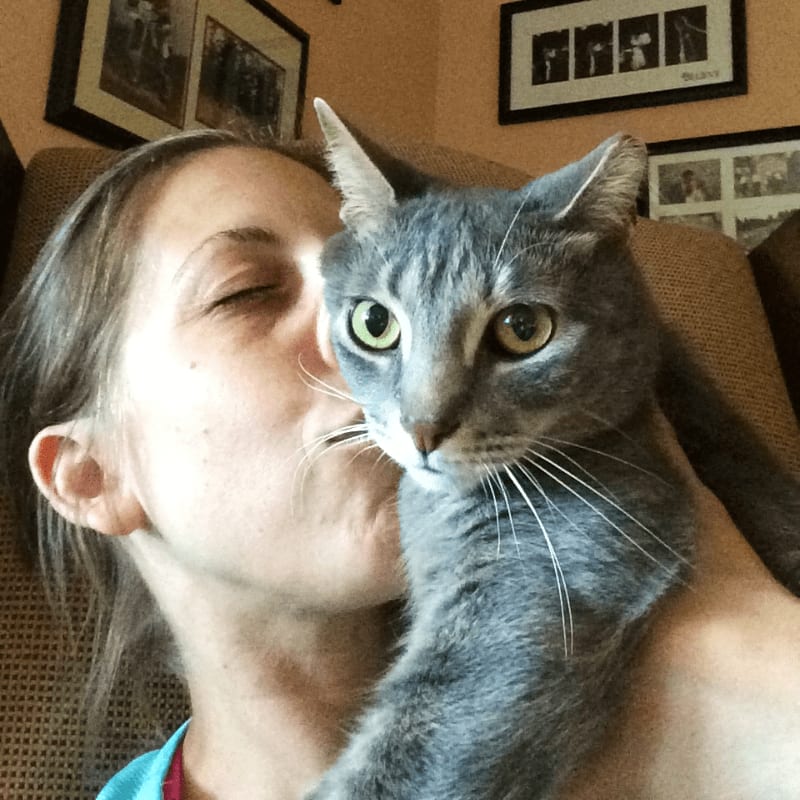 A woman with her eyes closed kisses a gray tabby cat in front of framed pictures on a wall.