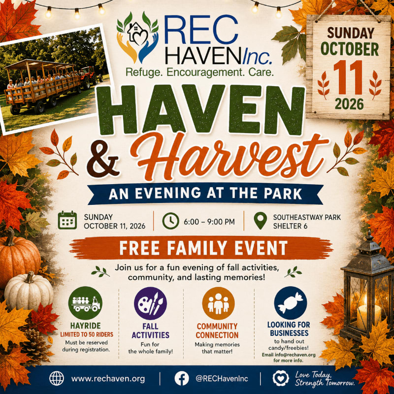 A festive fall flyer advertises a "Haven & Harvest" event with a hayride in the foreground and autumn leaves and string lights in the background.