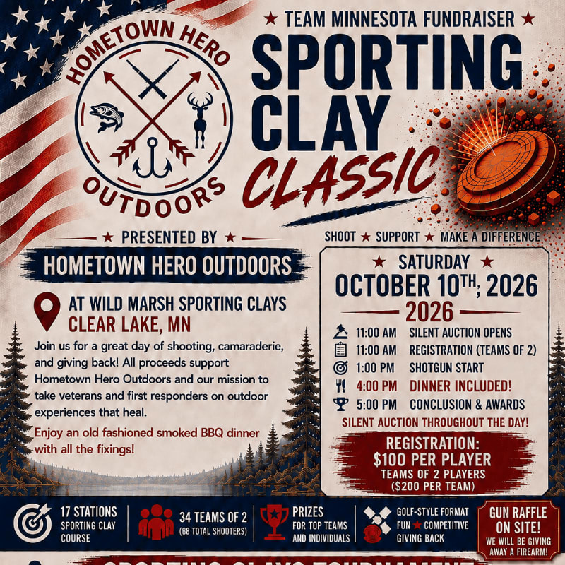 A flyer for a sporting clay classic fundraiser is displayed with a rustic American flag background and event details in the foreground.