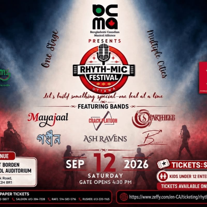 A vibrant poster for the Rhythm-Mic Festival in Ottawa features band names and event details in the foreground against a dark, atmospheric background with stage lights.
