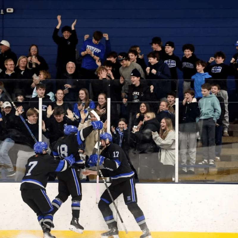 Four hockey players in black and blue uniforms celebrate on the ice in the foreground, while a crowd of spectators cheers them on from the bleachers in the background.