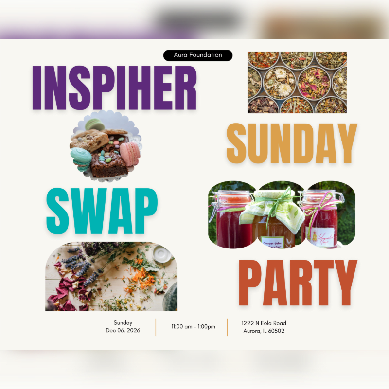 A purple "INSPIHER" title is above a teal "SWAP" title, with images of baked goods and dried herbs in the foreground, while the background features "SUNDAY PARTY" in orange text and images of jars of preserves.