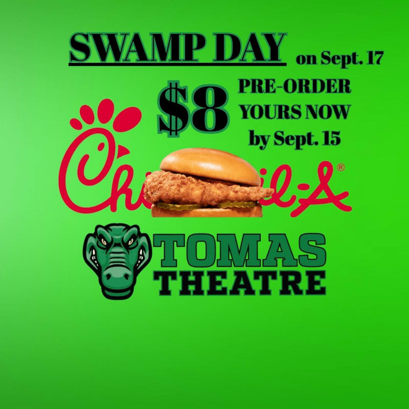 A bright green background features a Chick-fil-A logo, a chicken sandwich, and a green alligator head in the foreground, with text announcing "SWAMP DAY on Sept. 17" and pre-order details in the background.