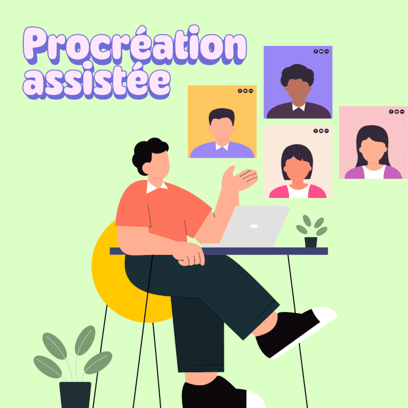 A person sits at a desk with a laptop, participating in a video call with four other individuals, all set against a light green background with the words "Procréation assistée" at the top.