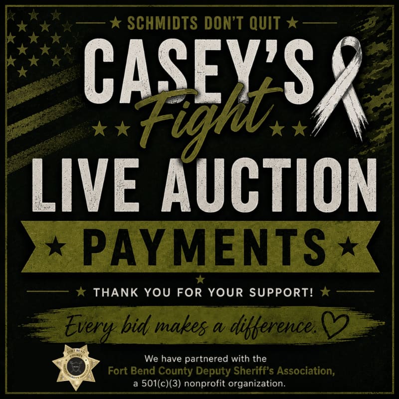 A distressed American flag texture forms the background for bold white and green text announcing "CASEY'S FIGHT LIVE AUCTION PAYMENTS" with a white ribbon and a sheriff's badge in the foreground.