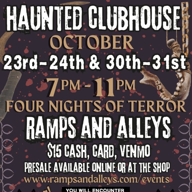 A dark, spooky flyer for a haunted clubhouse event in October is displayed against a background of blood splatters and creepy imagery.