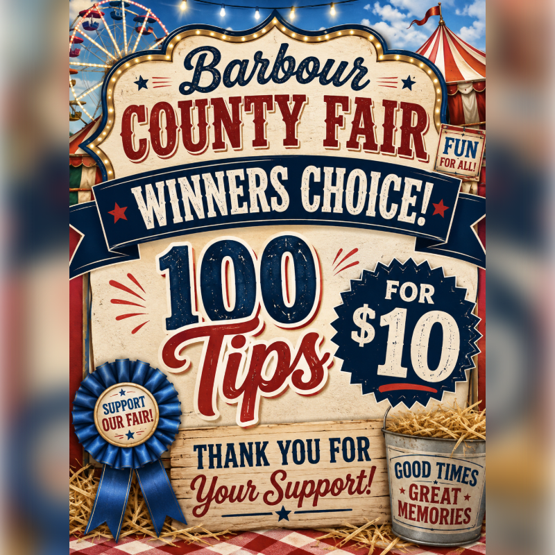 A blue ribbon and a bucket of hay sit in the foreground of a colorful Barbour County Fair advertisement featuring "100 Tips for $10" and carnival rides in the background.