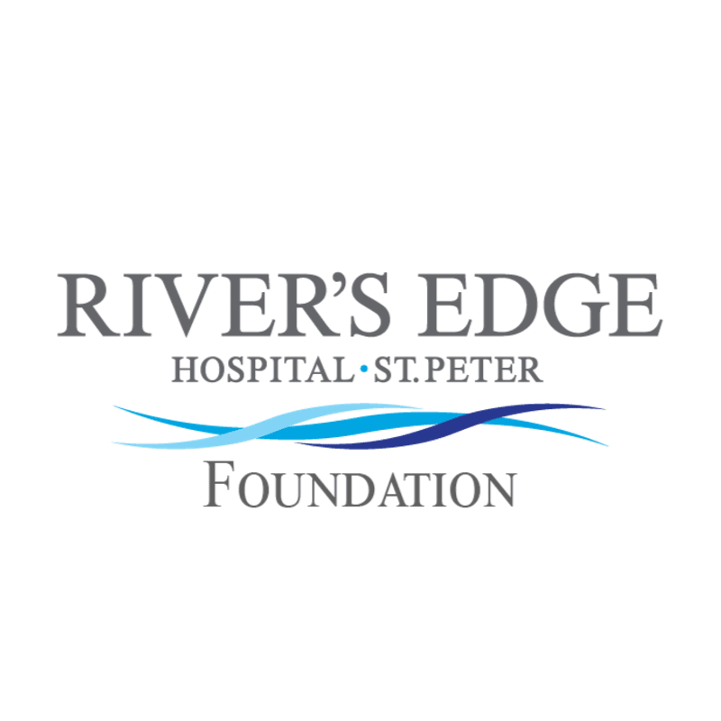 Gray text reading "RIVER'S EDGE HOSPITAL ST. PETER" is centered above a blue wave graphic, with "FOUNDATION" in gray text below it, all on a white background.
