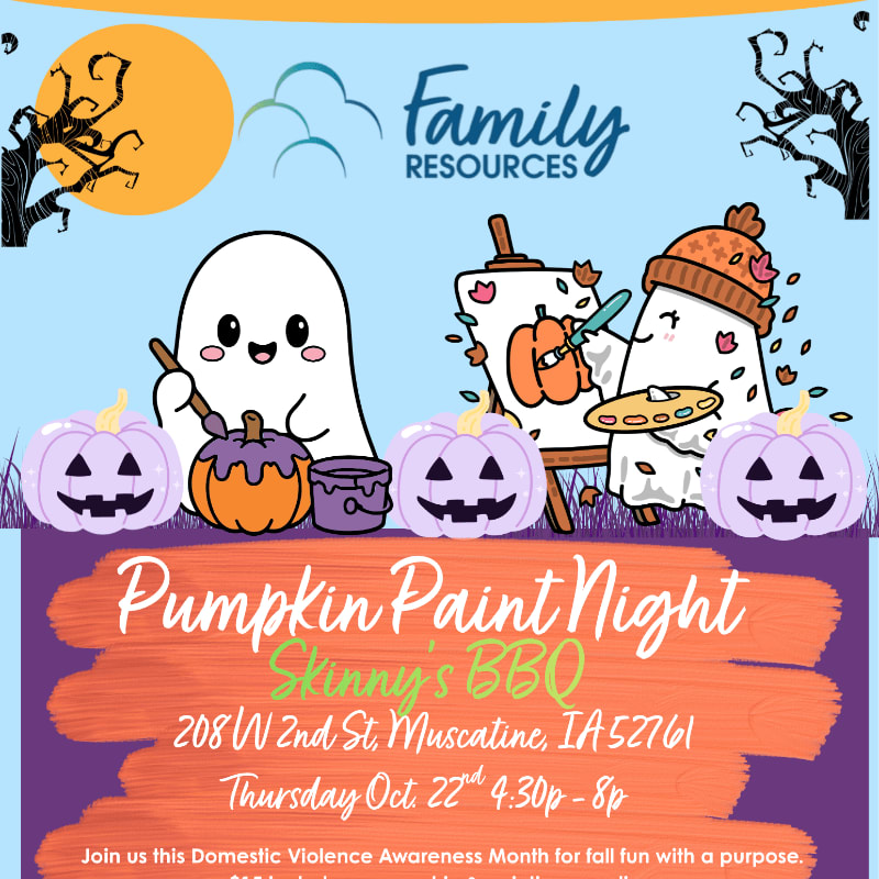 A cute ghost paints a pumpkin on an easel in the foreground, while a spooky moon and bare trees adorn the background.