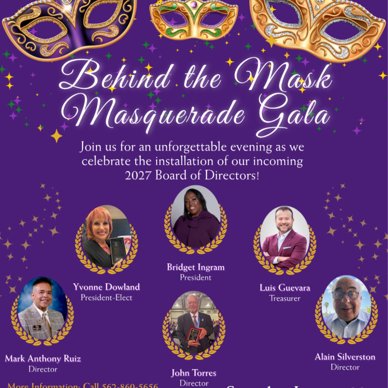 The foreground features portraits of six individuals with their names and titles, while the background is a purple backdrop adorned with decorative masks and sparkling stars for a Masquerade Gala.