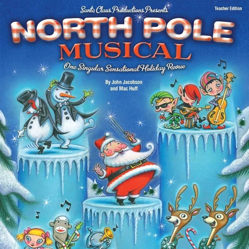 Santa Claus conducts a musical performance with elves, snowmen, and reindeer on icy platforms in front of a snowy, blue background.