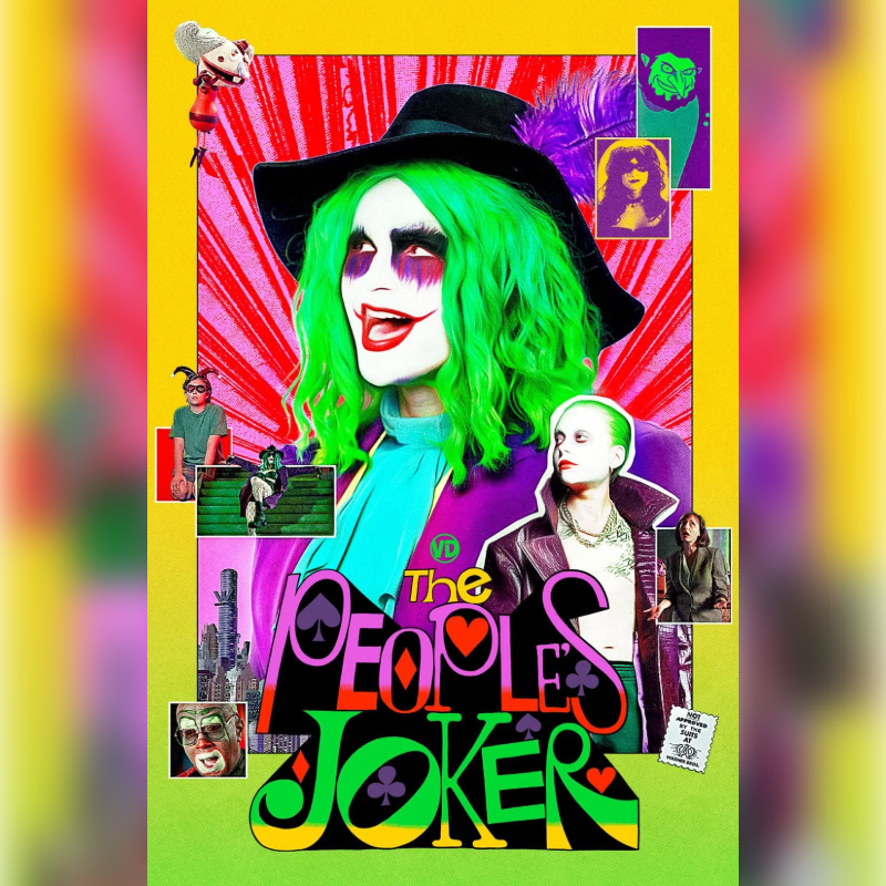 A person in Joker makeup and a green wig is featured prominently in the foreground, with various smaller images of other Joker characters and a cityscape in the vibrant, psychedelic background.