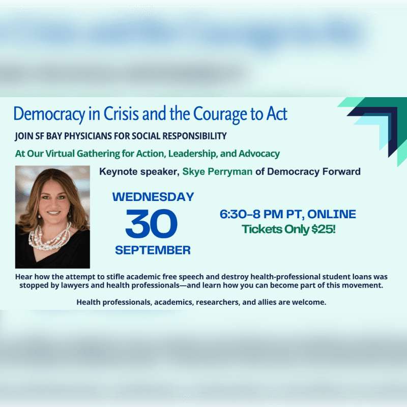 A portrait of Skye Perryman is in the foreground, with event details about "Democracy in Crisis and the Courage to Act" in the background.