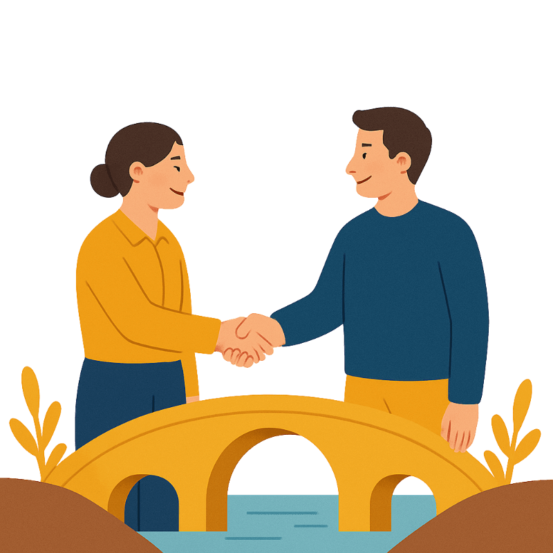 Two people shake hands over a yellow bridge with blue water below, framed by brown earth and green foliage.