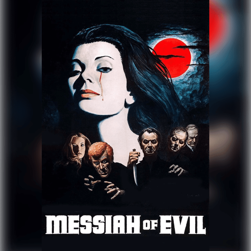 A distressed woman with a tear streaks down her face is featured in the foreground, while a menacing group of figures and a blood-red moon loom in the dark background.