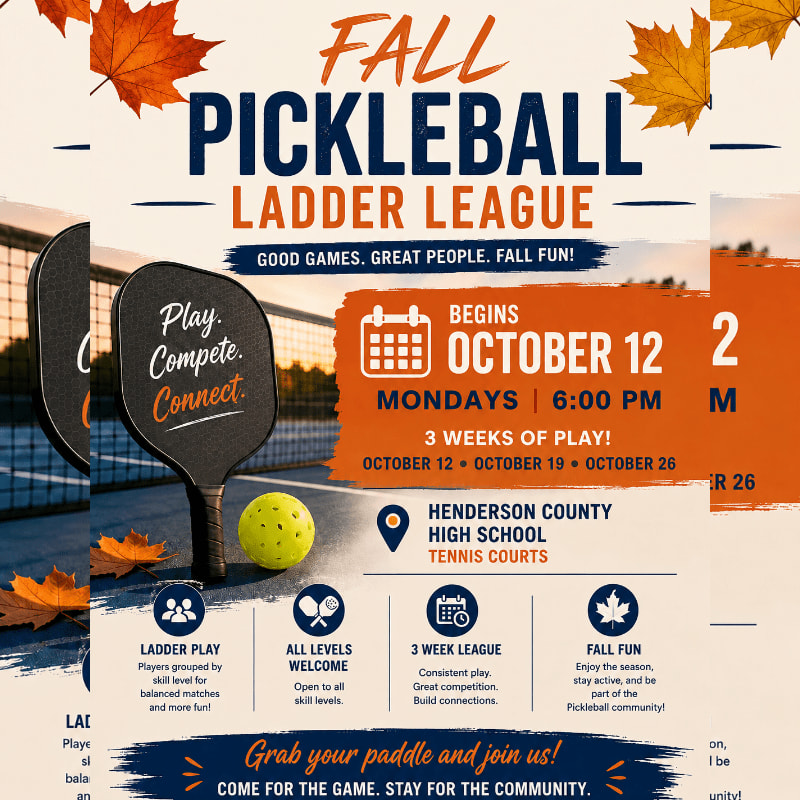 Two pickleball paddles and a ball rest on fallen leaves in the foreground, with a flyer for a Fall Pickleball Ladder League set against a blurred background of a tennis court and autumn foliage.