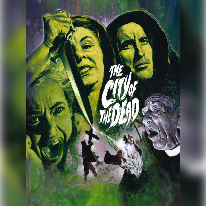 A woman with a knife lunges forward in the foreground, while a hooded figure and screaming faces fill the background.