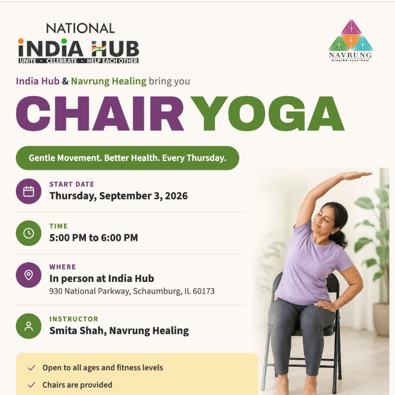 A woman in a purple shirt practices chair yoga in the foreground, while the background displays event details for a "Chair Yoga" class hosted by India Hub and Navrung Healing.