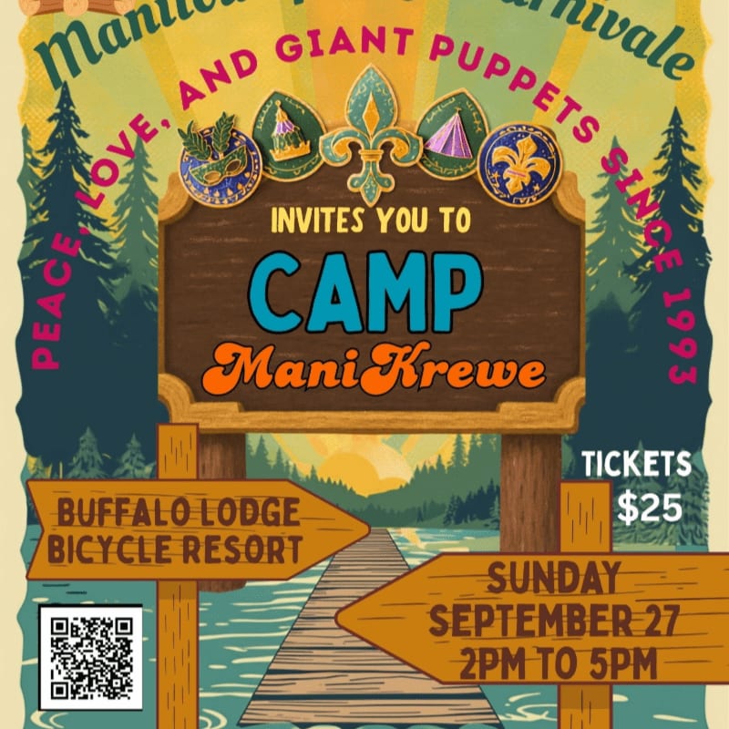 A wooden signpost with "CAMP ManiKrewe" at the top stands in front of a serene forest and lake scene, with directional signs pointing to "Buffalo Lodge Bicycle Resort" and event details.