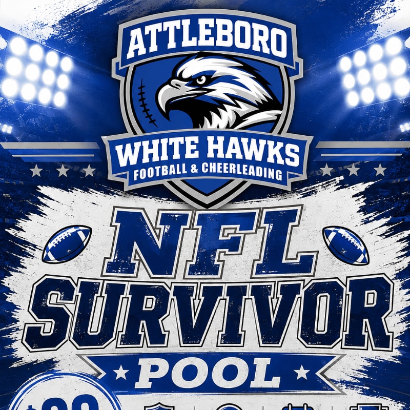In the foreground, bold white text announces "NFL SURVIVOR POOL" with footballs on either side, while the background features a blue and white graphic with the Attleboro White Hawks logo and stadium lights.