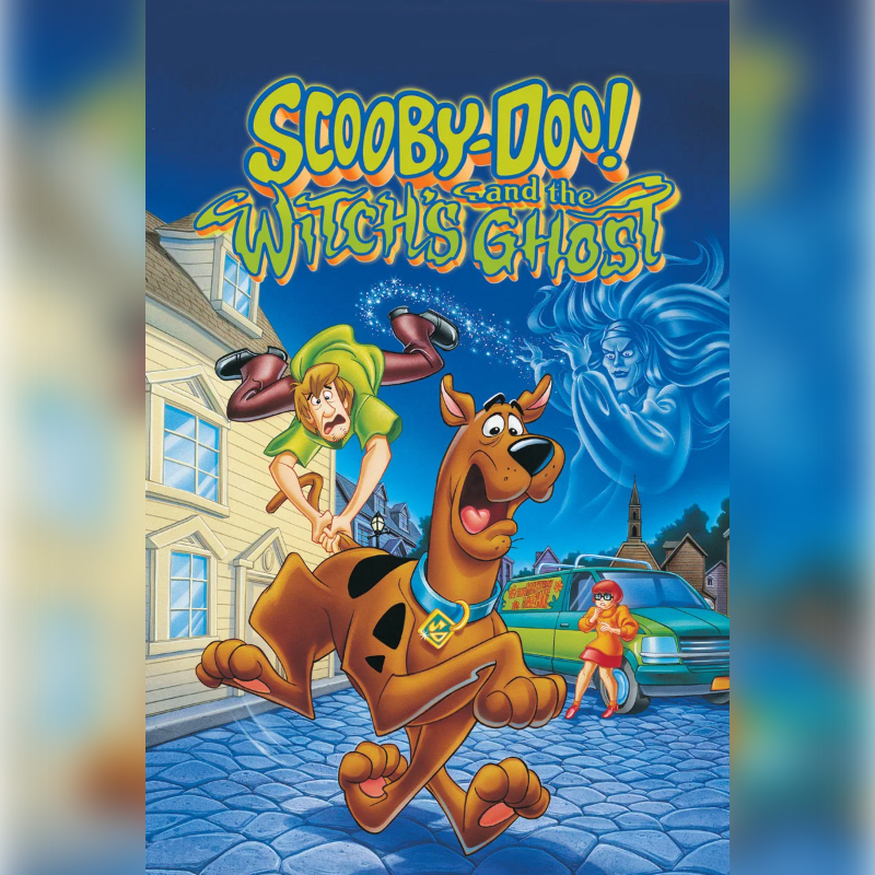 Scooby-Doo and Shaggy flee from a ghostly figure in front of a house and a green van, with the movie title "Scooby-Doo and the Witch's Ghost" prominently displayed against a dark blue sky.