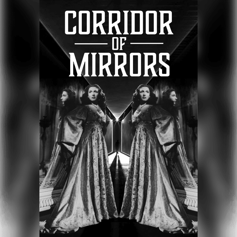 A woman in a formal gown stands in a mirrored hallway, her reflection stretching into infinity.