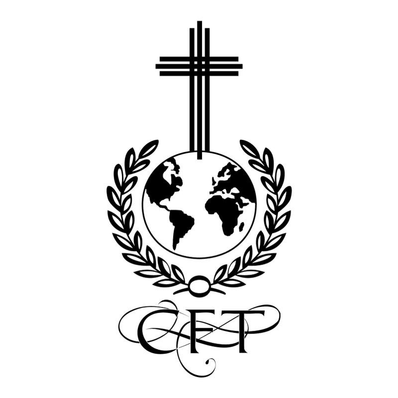 A black and white logo features a stylized cross above a globe encircled by a laurel wreath, with ornate lettering below.