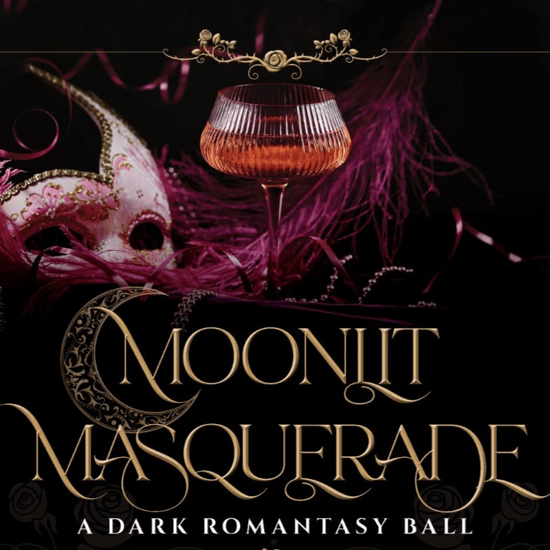 A bejeweled masquerade mask and a glass of amber liquid sit in the foreground against a dark background adorned with feathers and ribbons.