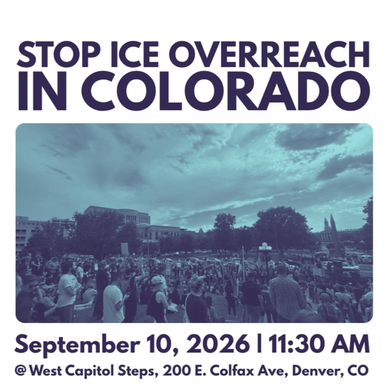 A crowd of people gathers on September 10, 2026, at 11:30 AM on the West Capitol Steps in Denver, Colorado, under a cloudy sky, to protest ICE overreach.