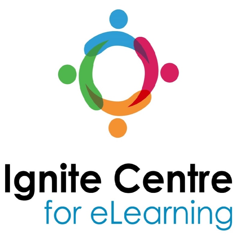 A colorful, abstract circular logo with four figures at the top is positioned above the text "Ignite Centre for eLearning" on a white background.