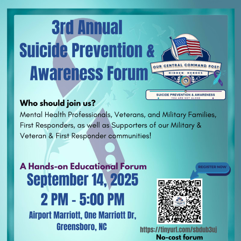 A blue flyer announces the 3rd Annual Suicide Prevention & Awareness Forum with event details in the foreground and a patriotic emblem in the background.