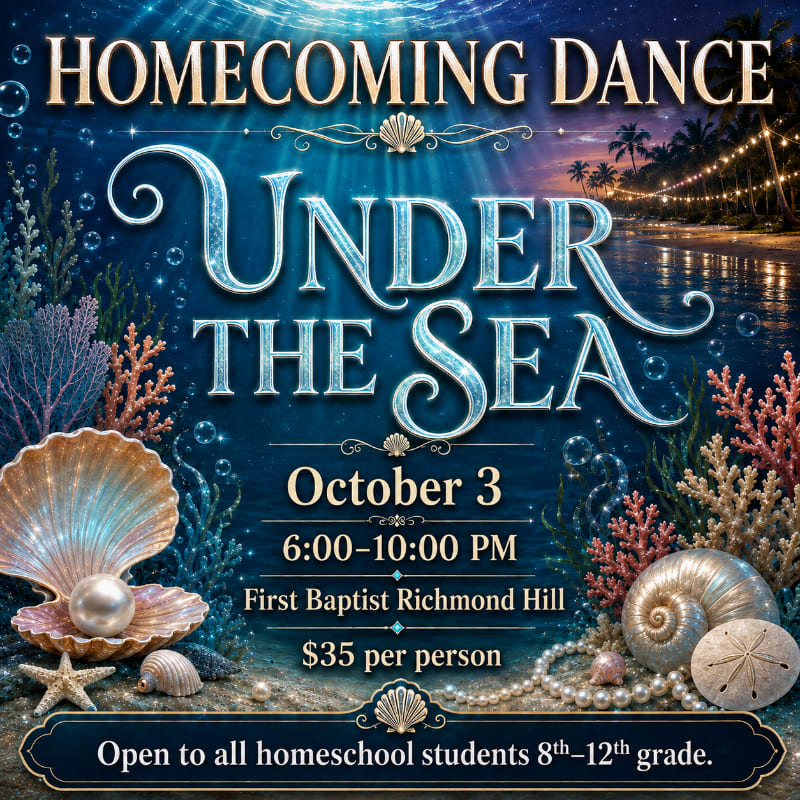 A homecoming dance poster features an underwater scene with coral and shells in the foreground, and a tropical beach with string lights in the background.
