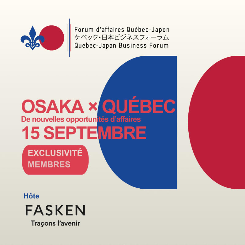 A red and blue graphic with text announcing the Quebec-Japan Business Forum in Osaka on September 15th is set against a light gray background with a partial Japanese flag on the right.