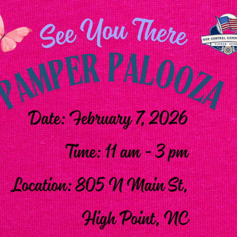 A bright pink background features the text "See You There PAMPER PALOOZA" with event details, and a small American flag logo in the upper right corner.