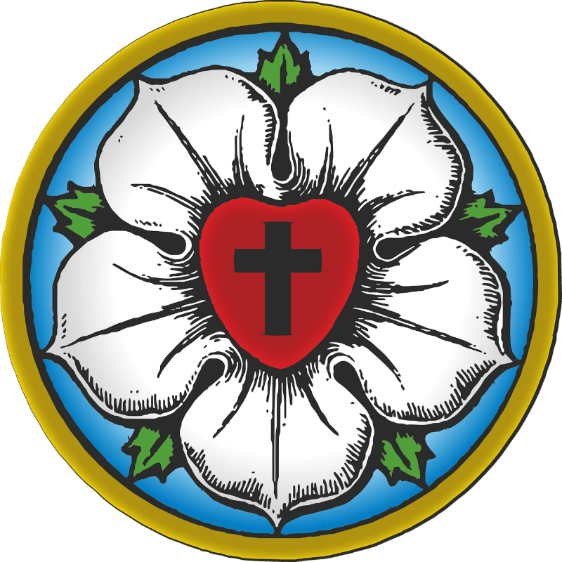 A white rose with a red heart containing a black cross is set against a blue background within a golden circular border.