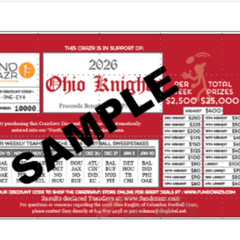 A red and white flyer with a large "SAMPLE" watermark across it advertises a 2026 Ohio Knights football fundraiser, featuring prize information and a weekly team sweepstakes in the foreground, with a stylized drawing of a football player in the background.