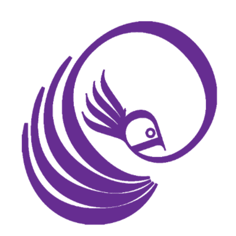 A stylized purple bird with fanned tail feathers is depicted within a circular frame against a white background.