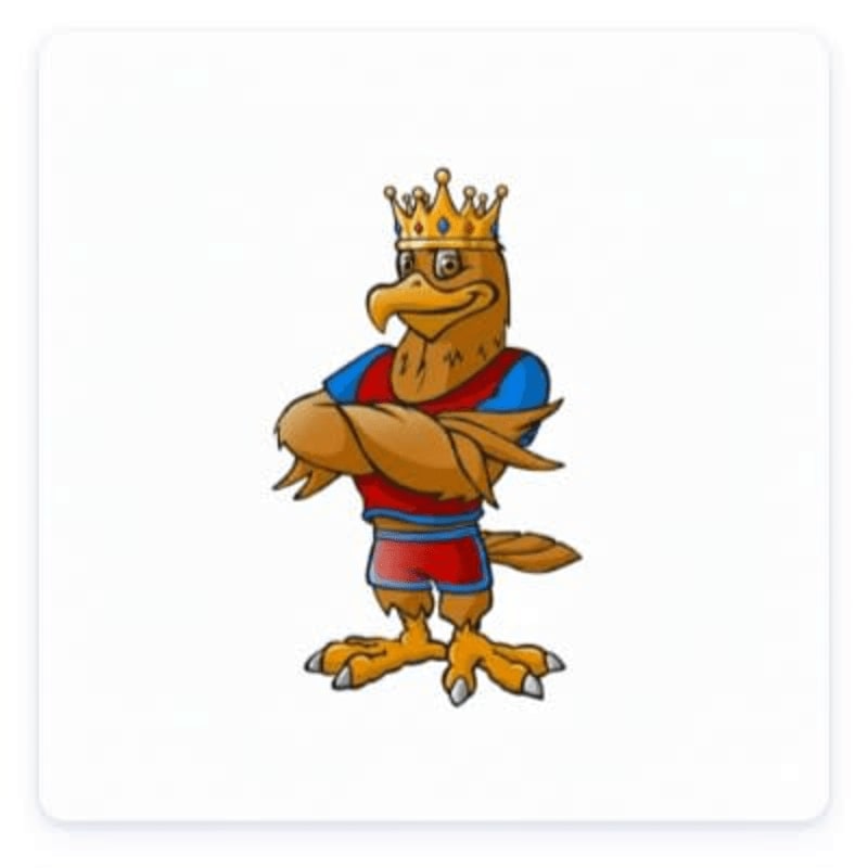 A cartoon eagle wearing a crown and athletic attire stands with its arms crossed against a plain white background.